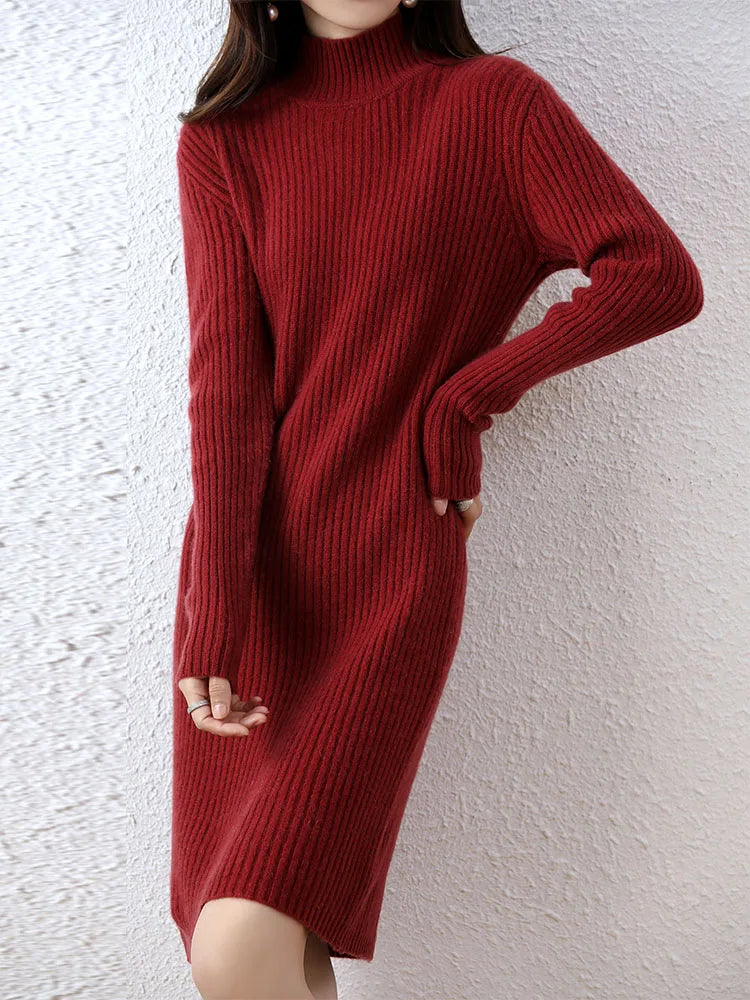 Fashion Cashmere Sweater Womens Knitted Dresses 100% Merino Wool Turtleneck Elegant Dress Autumn Winter Long Sleeve Short Skirts