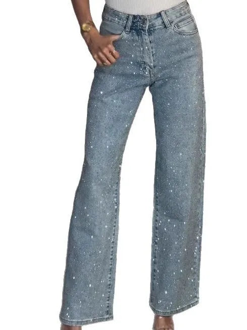 Sexy High Waist Straight Leg Women's Jeans Diamond Washed Cotton Blend Long Pants Trendy Fashionable Ladies Premium Denim