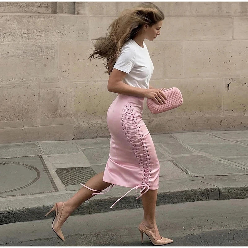 Women's Midi Skirt High Waist Side Lace‑Up Midi Skirt Bodycon Tie Adjust Hip Fitted Skirt City Date Going Out 2026 New For Women