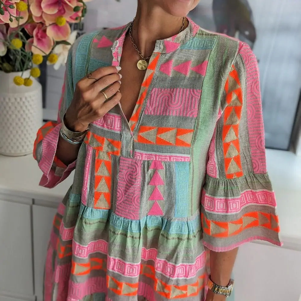 New Knee Length Printed Dress Loose Fit Breathable V-Neck Dress Comfortable Printed Design Pullover Dress Summer Season