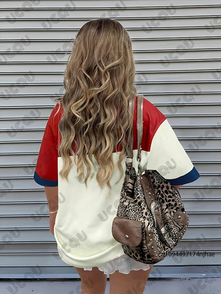 Summer New No.33 Print T-Shirt For Women Patchwork O-Neck Short Sleeve Sports Tees Football Jersey Y2K Loose Oversized Tops