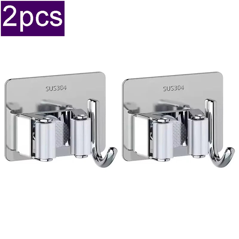 304 Stainless Steel Mop Clip Holder Bathroom Punch-free Mop Broom Brush Hanging Rack Strong Sticky Hook Wall Organizer Shelf