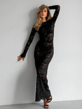 BKLD Sexy Black Lace Fishtail Dress 2026 Autumn Round Neck Bodycon Long Dresses Evening Party Clubwear Clothes For Women