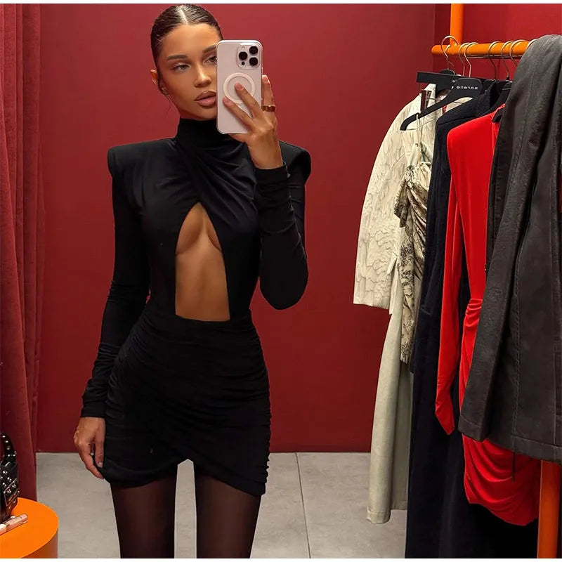 Elegant Hollow Out Mini Dress Women Sexy Long Sleeve Bodycon Waist Cinching Vestidos 2025 Chic Autumn Office Lady Commute Robes
