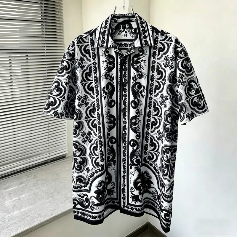 Men's shirts, summer Baroque printed shirts, loose oversized retro short sleeved shirts, vacation style versatile men's tops
