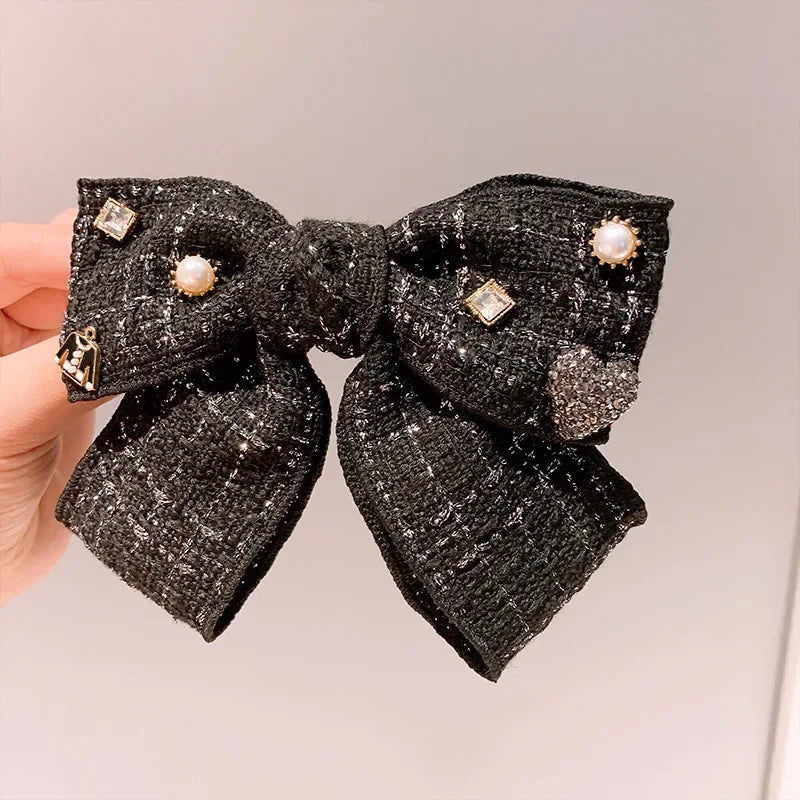 Elegant Plaid Cloth Hairpins Adult Crystal Heart Pearl Luxury Fabric Bow Hair Clip Pin for Girls Women Hair Jewelry Headpiece