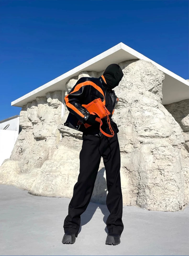 Mauroicardi Spring Autumn Cool Loose Orange and Black Color Block Faux Leather Jacket Men Luxury Designer Zip Up Clothes 2023
