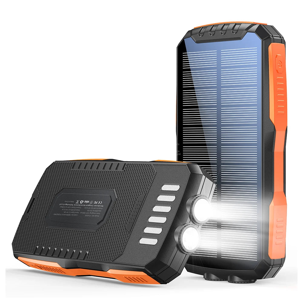 30000mAh Solar Power Bank with Wireless Charger, Dual USB Outputs, Bright LED Flashlight, Waterproof