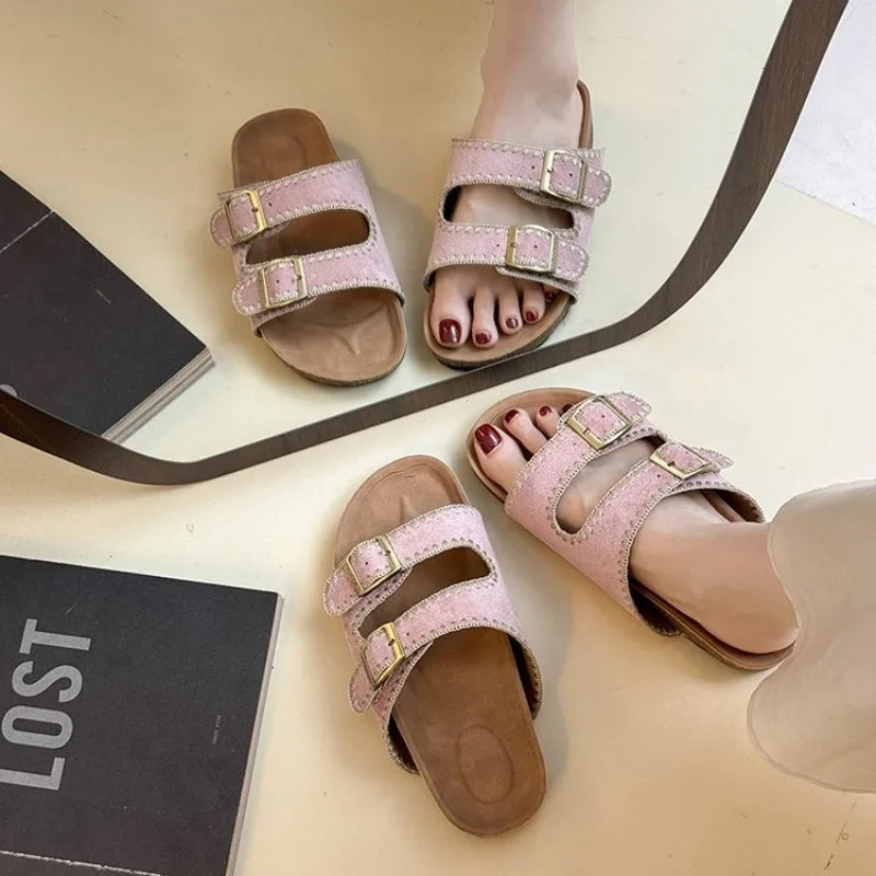 Women's Flat Slide Sandals Open Toe Suede Look Double Buckle Strap Slip on Whipstitch Detail Casual Summer Daily Walking Shoes