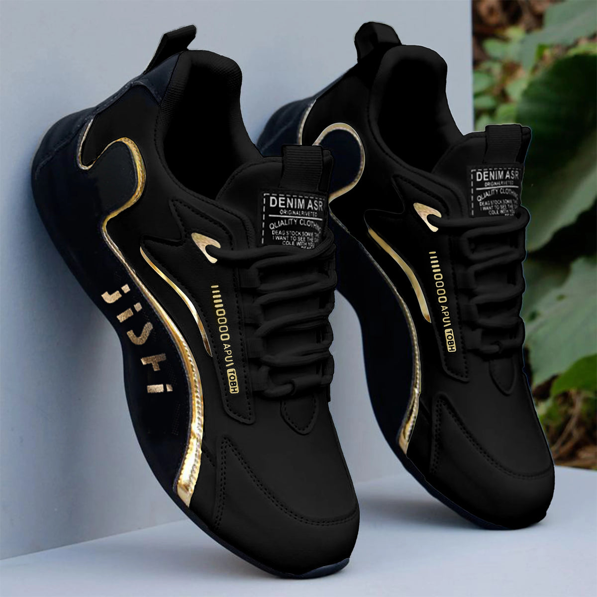 Men's Fashionable Sneakers – Casual Sneakers with Gold Accents, White Upper, Black and Gold Embellishments, Lace-Up Style, Perfect for Pairing with Casual Outfits and for Outdoor Activities