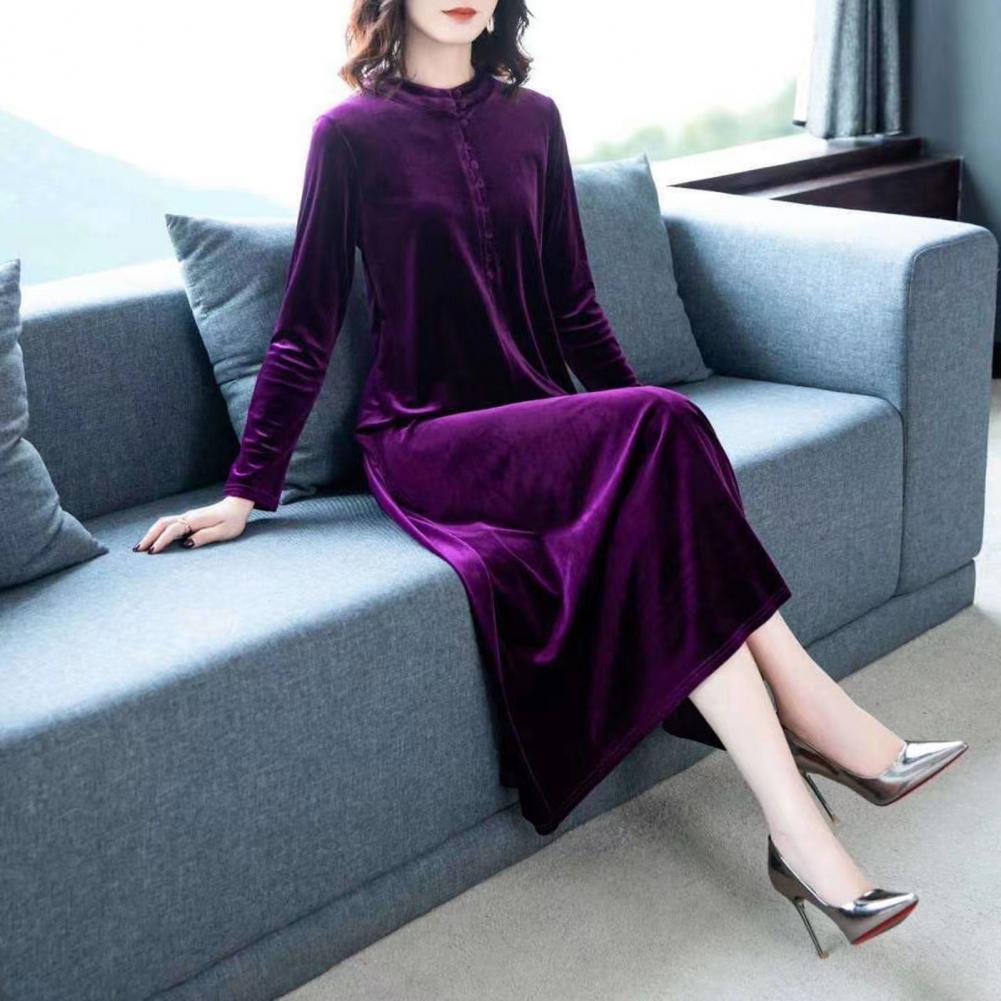 Women Fall Dress Solid Color Loose Long Sleeves Button Maxi Dress Keep Warm Velvet Mom Spring Dress Women Clothes