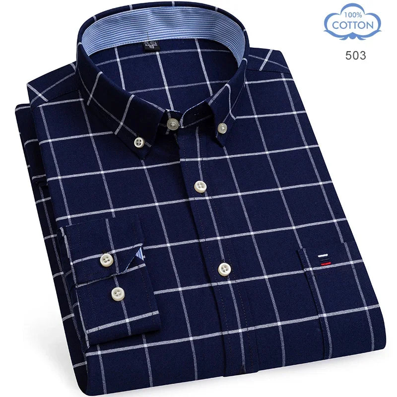 2025 Men's Social Shirt Pure Cotton Oxford Luxury Brand Thin Soft Buttoned Plaid Formal Work Western Clothing