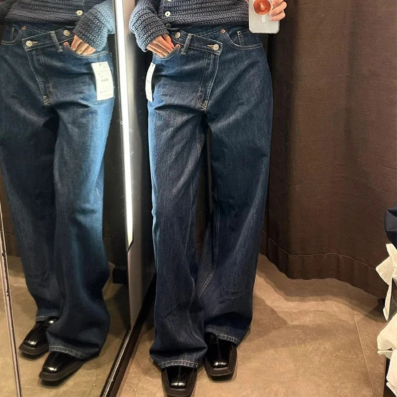 ETJ 2025 new women's basic classic all-match fashion cross waist high waist  wide leg jeans female 8197232