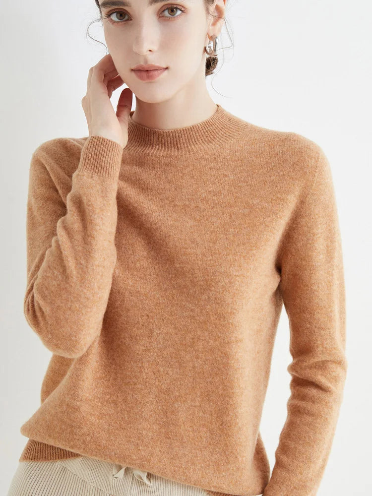 First-Line Seamless Women's Half-Turtleneck 100% Pure Wool Sweater Solid Color Long Sleeve Pullover Knitted Bottoming Sweater