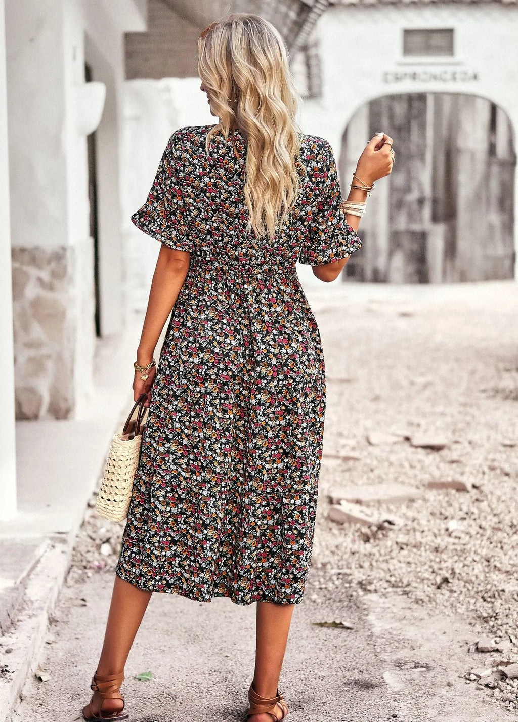 Msfilia Fashion V Neck Elegant Printed Dress Women Summer Short Sleeve High Waist A Line Floral Holiday Dresses
