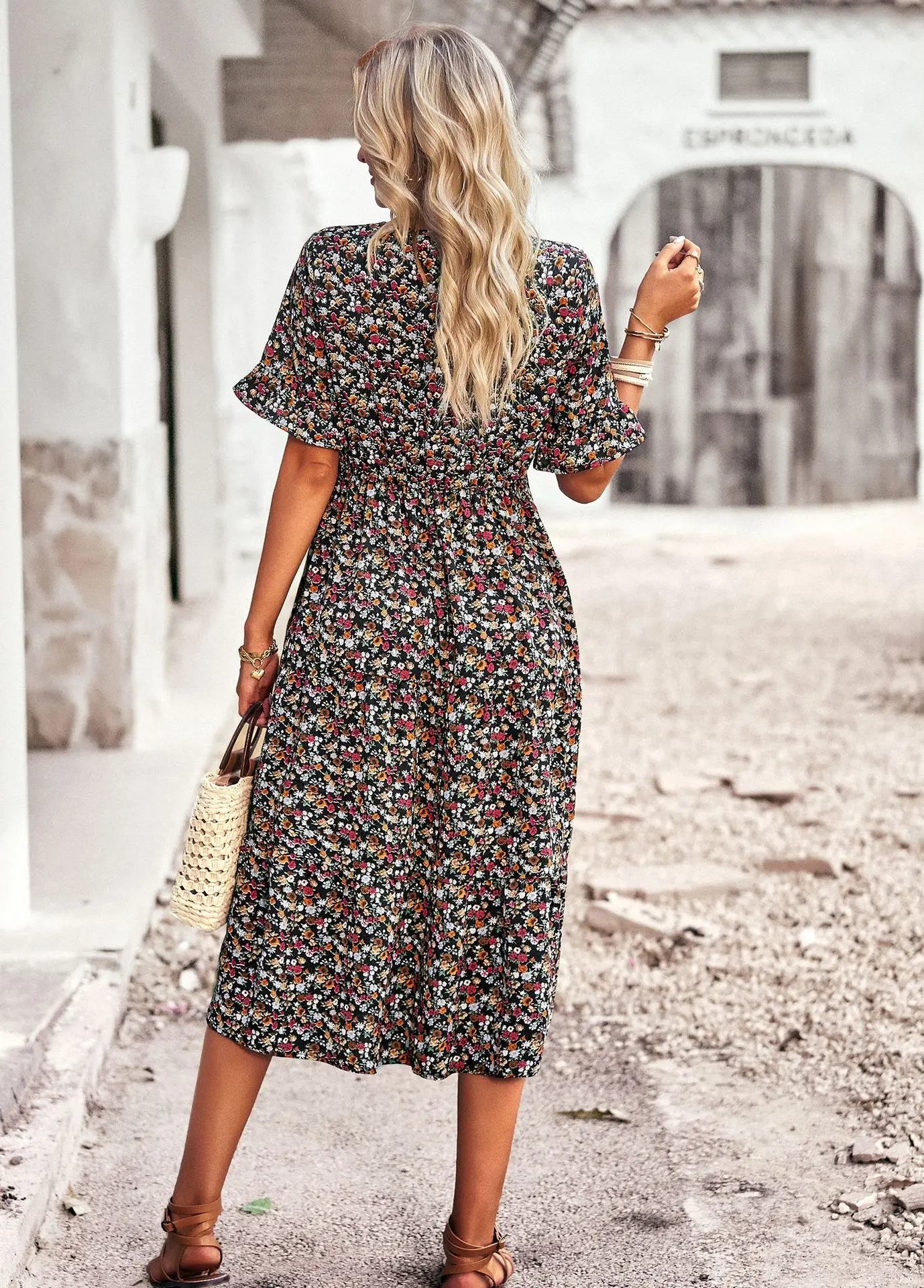 Msfilia Fashion V Neck Elegant Printed Dress Women Summer Short Sleeve High Waist A Line Floral Holiday Dresses