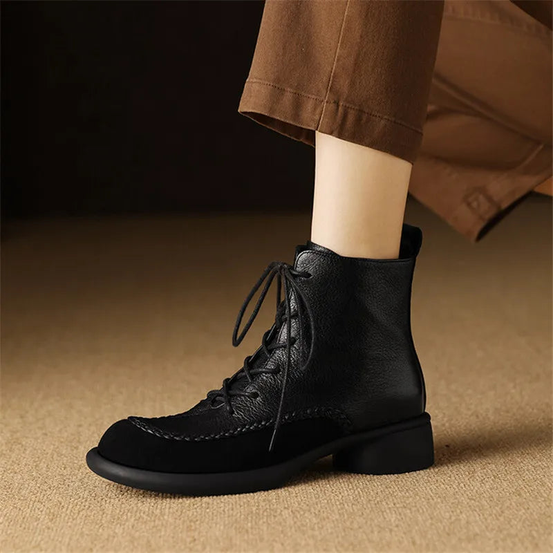 New Autumn Winter Genuine Leather Women Boots Fashion Lace Ankle Boot for Women Short Boots Shoes Chunky Heel Botines Mujer