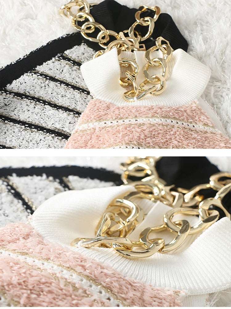 HIGH STREET Newest 2026 Designer Fashion Halter Neck Metal Chain Sleeveless Knit Striped Dress