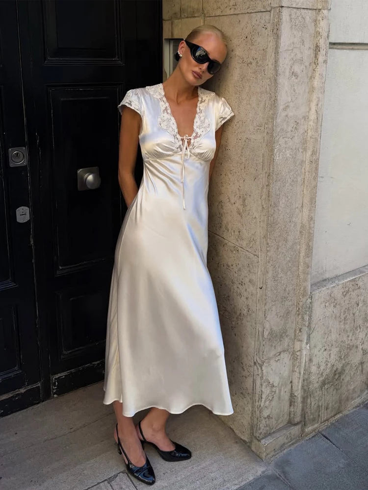 Women Elegant Satin Lace Trim Midi Dress Solid Lace Patchwork Short Sleeve V-neck Summer Dresses 2026 Summer New Holiday Robes