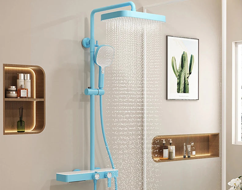 JIENI Brushed Gold Bathroom Shower Set Rainfall Hot And Cold Control Multifunctional Bath Shower Faucet System W/ Hand Shower