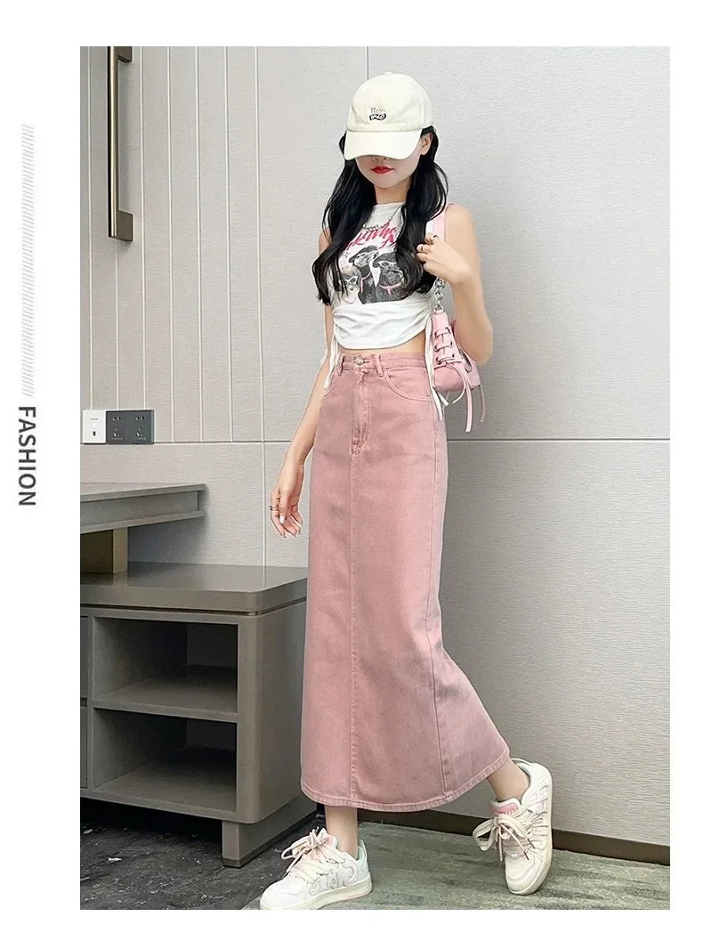 New Summer Women's 100% Cotton Denim Shorts Pink High-waisted Slit Retro Elegant Fashionable Casual Denim Long Skirt Female