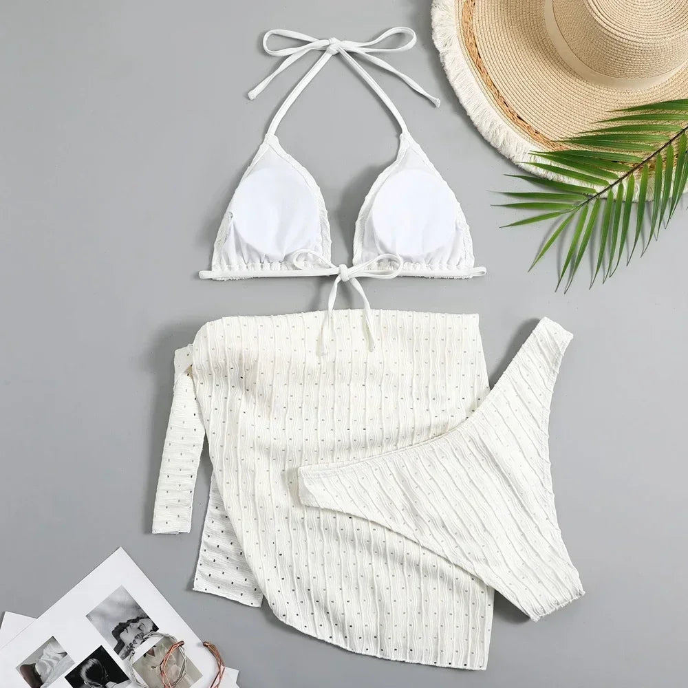Trendy Women's 3 Piece Halter Bikini Set Sexy Thong Swimsuit Summer Bathing Suit Cover Up Thong Swimwear Biquini Brasileiro