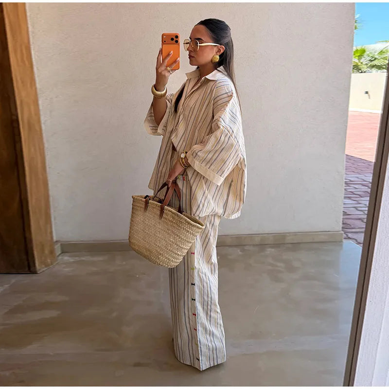 Loose Striped Contrast Wide Leg Pants Set Women Oversized Lapel Single Breasted Shirt Trousers 2026 Summer Lady Casual Outfits