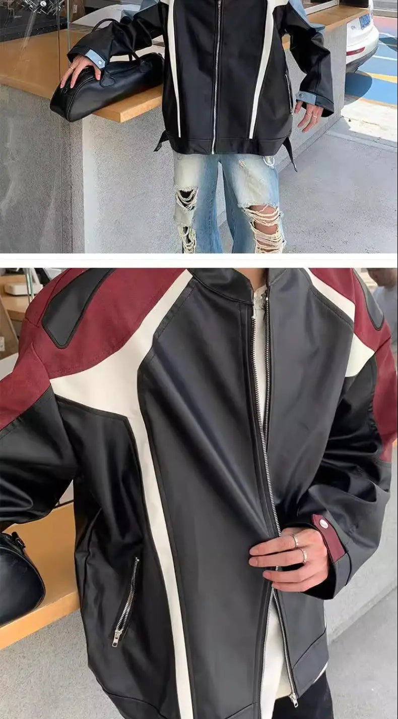 American Retro Motorcycle Jacket Men Women's High Street Spring Autumn Contrasting Color Splicing Design Handsome Bomber Coat