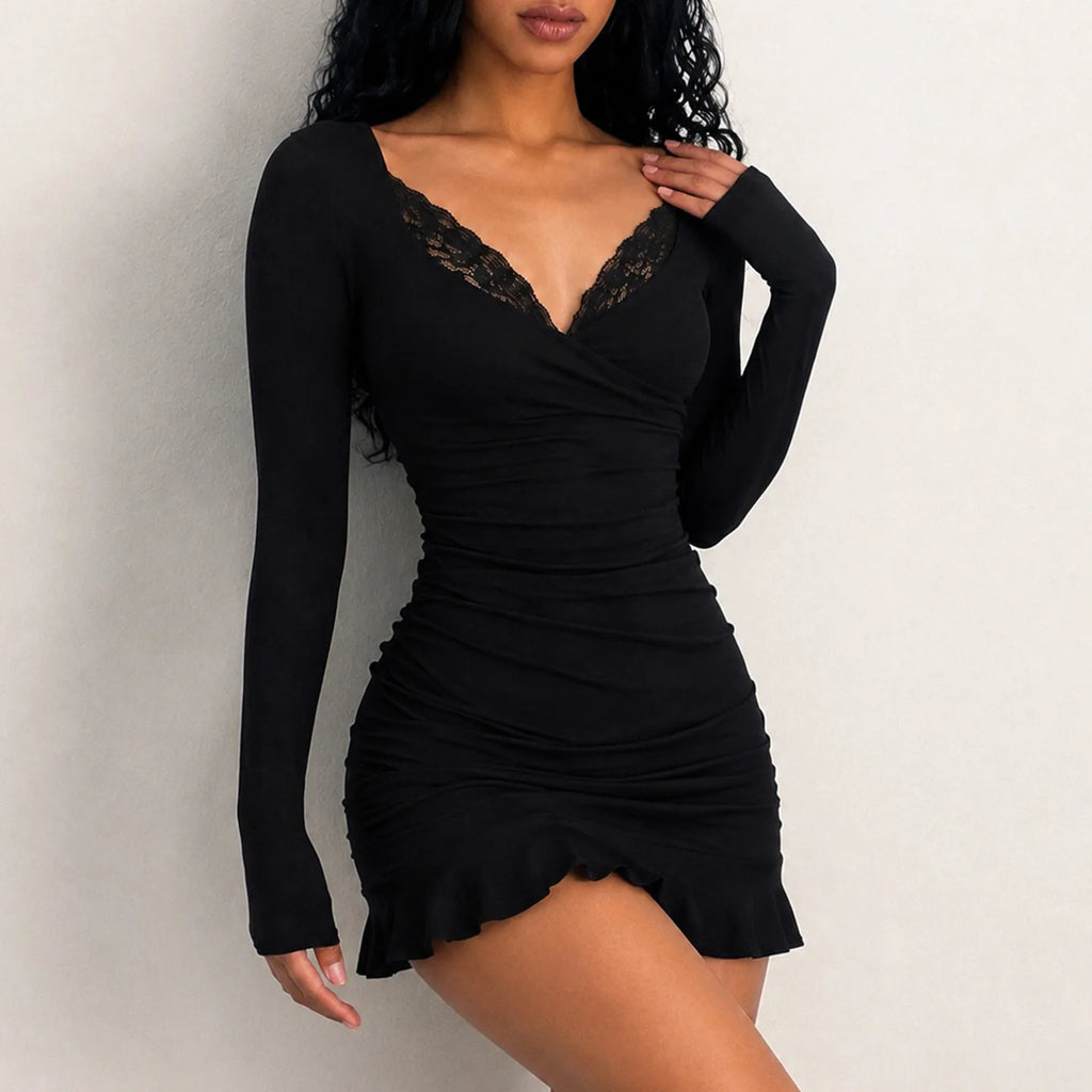 Fashionable Deep V-Neck Lace Panel Slim Fit Sexy Pleated Short Skirt Dress High Waist Milk Fiber Long Sleeve for Neutral Use