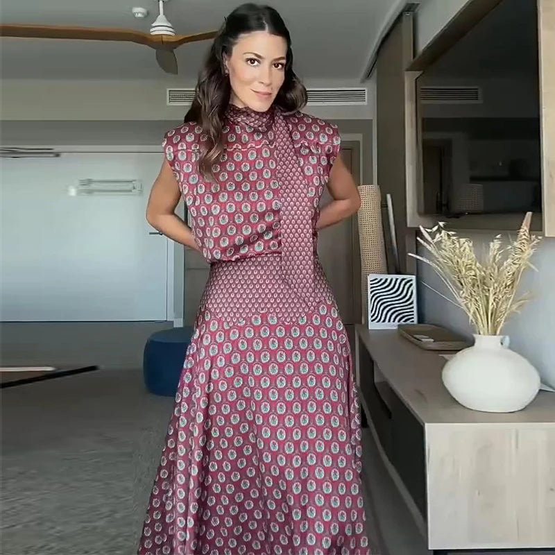 Elegant Printed Women's Vest Skirts Suit Sleeveless Top A-Line Long Skirts Lady Set 2026 Summer Autumn 2 Pieces Set Women