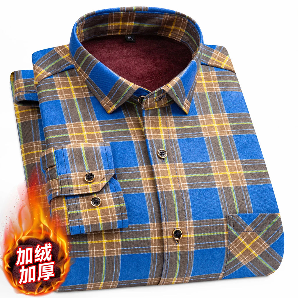 2025 Autumn Winter Men's Fashion Plaid Striped Print Shirts Double-sided Fleece Long Sleeve Thick Warm Shirts Soft Big Size 7XL