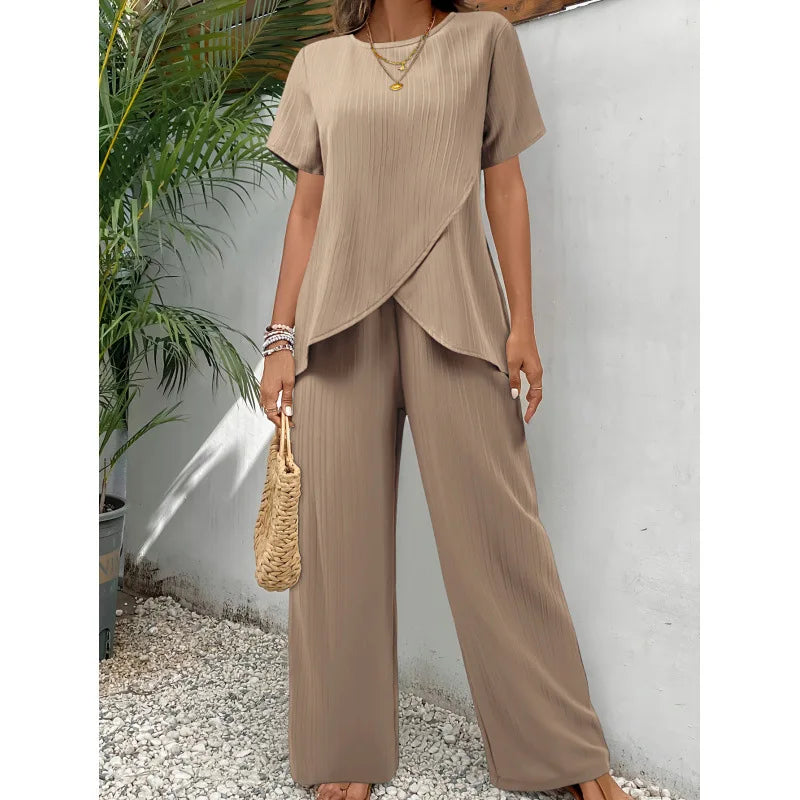 New Fashion Elegant Office Ladies Set Casual Set With Irregular Short Sleeve Blouses Loose Long Pants Two Piece Outfit Women's