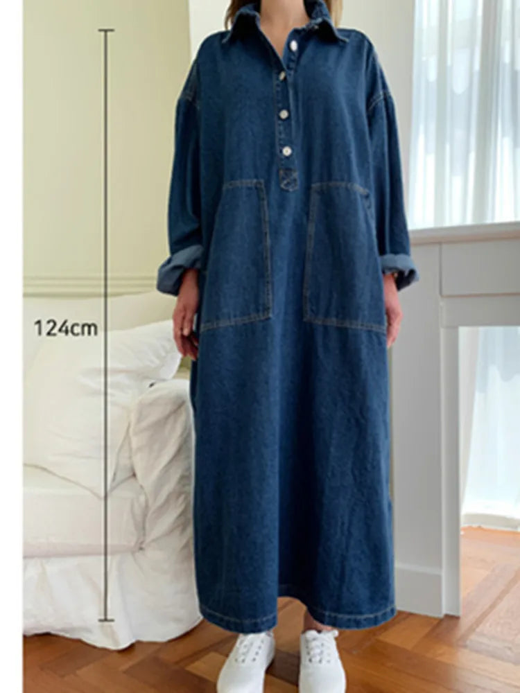 Korean Loose Drawstring Denim Dress Women Chic Split Women's Dresses Elegant Blue Pocket Dresses Korea