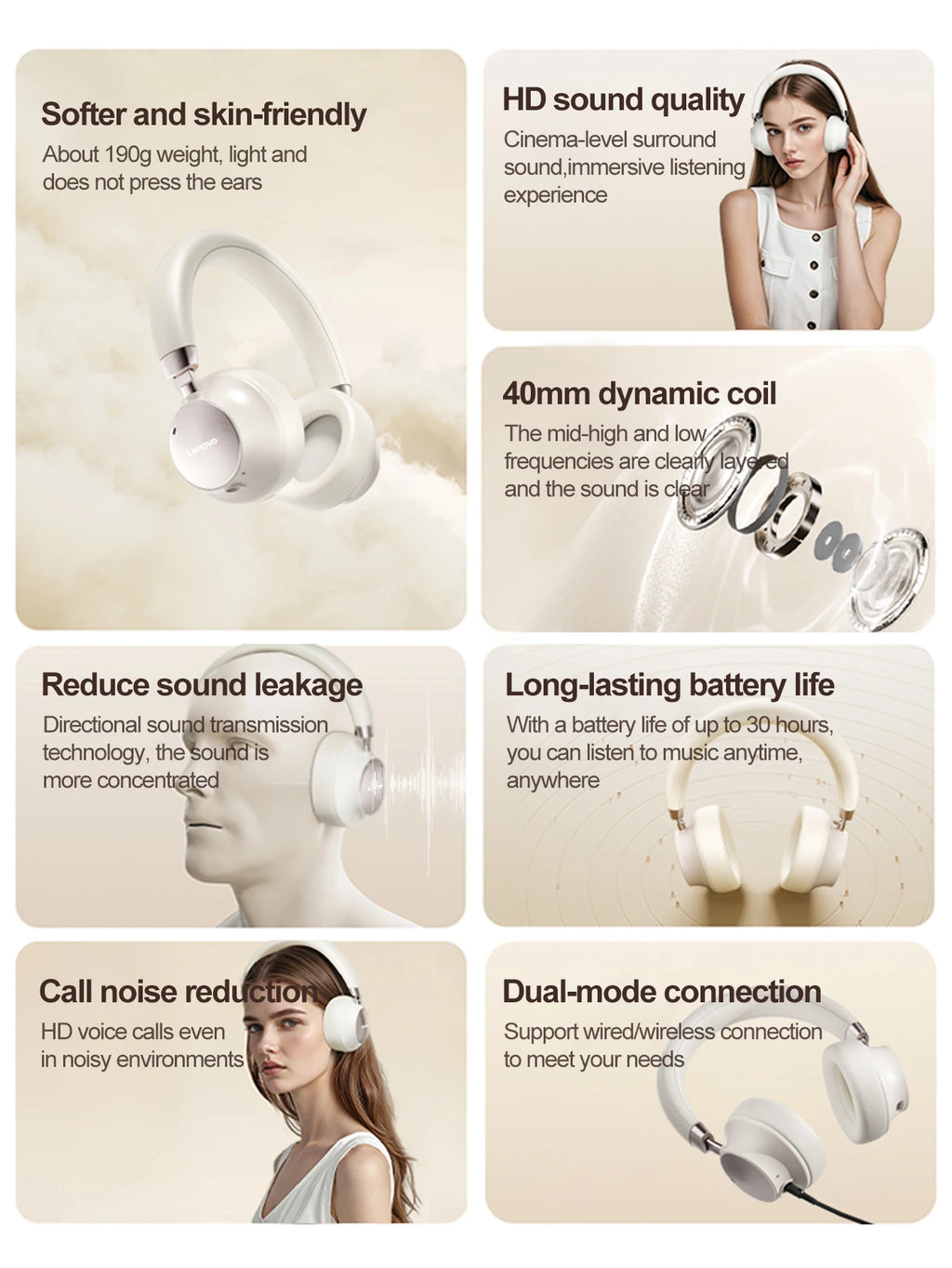 Lenovo TB300 Bluetooth 5.4 Over Ear Headset Noise Reduction Mic 190g Light Soft Earpads 400mAh Battery 3.5mm Wired Headphones