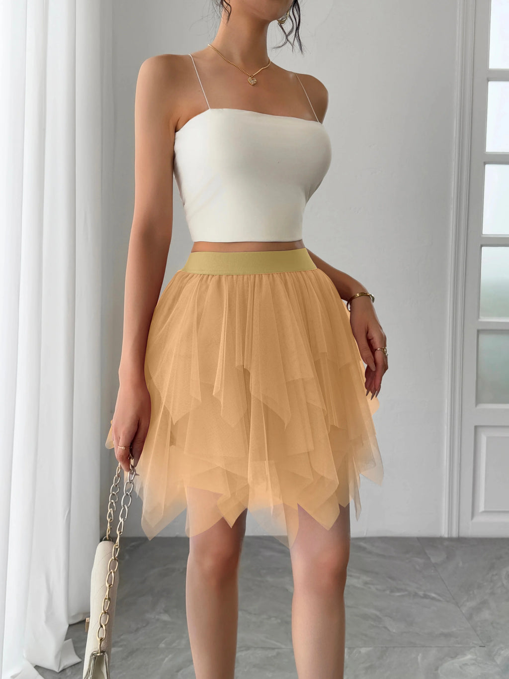 Women's mid waist chiffon mini skirt summer casual asymmetrical hem layered ruffle A-line skirt holiday sweet fairy skirt