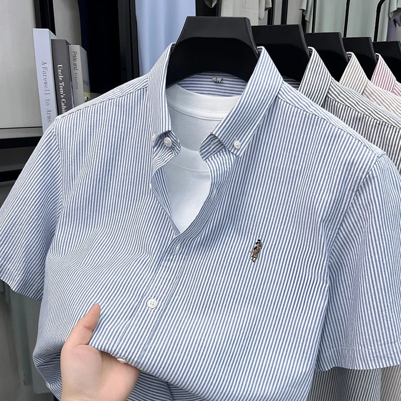 100% Pure Cotton Short Sleeved Shirt 2026 Summer New Men's Button Up Lapel Fine Stripe Middle-aged and Young Half Sleeved Shirt