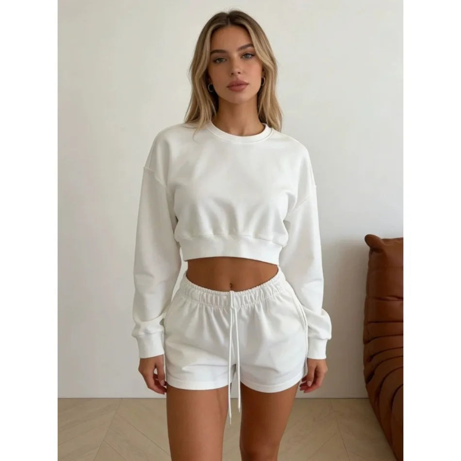 Women's Round-Neck Long-Sleeved Loose Couple Hoodie Set, Solid Color and Simple