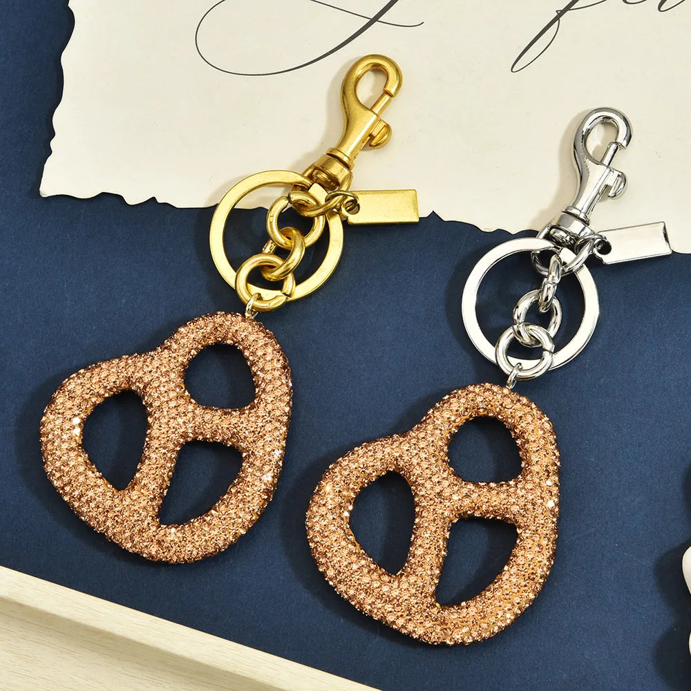 Rhinestone Pretzel Bag Charm Keychain Crystal Gold Hardware Sparkly Purse Pendant Accessory Cute Funny Foodie Gifts For Friends