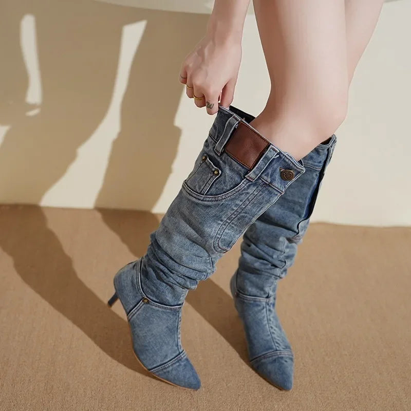Denim Long Boots Women Knee Boots New 2025 Autumn Winter High Heels Retro Western Hot Girl Cowboy Boots Lady Modern Boot Botas
