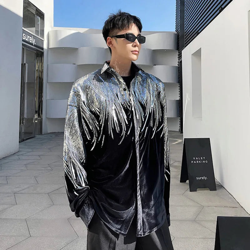 IEFB Summer Embroidery Sequin Velvet Fashionable Temperament Men's Long Sleeve Shirts Lapel Personal Design Oversize Tops 9Y6658