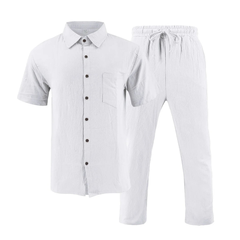Men's Summer Beach Casual Cotton Linen Shirt Two-Piece Set with Lapel Pocket Long Pants And Shor Fashionable Breathable Clothing