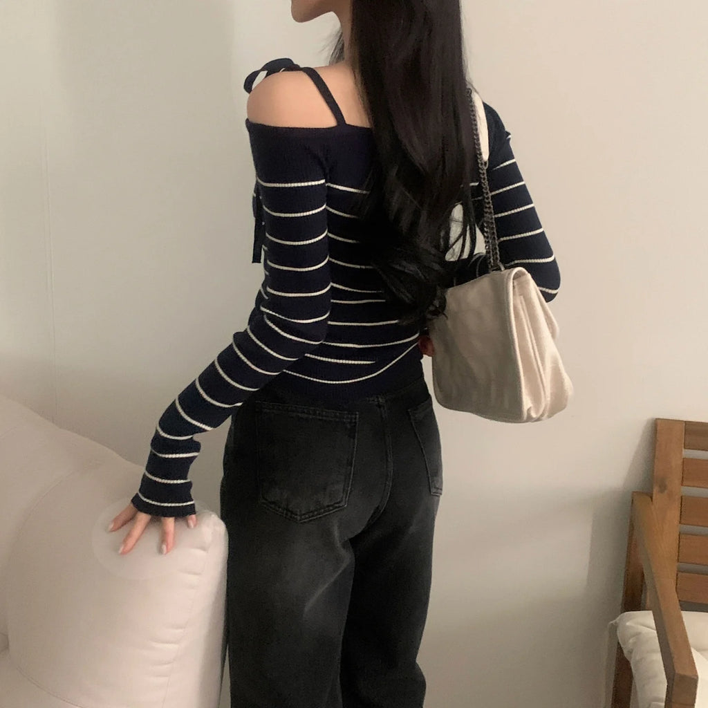 2026 New Women's Elegant Off-Shoulder Sweater T-Shirt Black White Striped with Adjustable Lace-Up Fall Winter Casual Chic Top