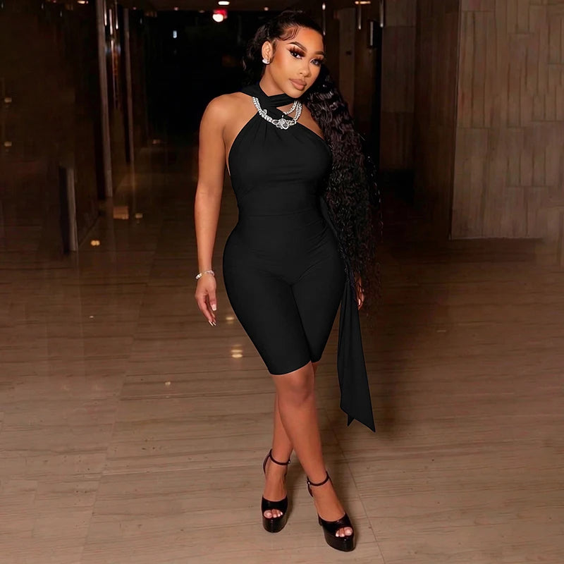 Women Fashion Overalls Playsuits Beach Vacation Clubwear Sexy Backless Ruched Halter Neck Tie Solid Slim Fit Capris Jumpsuit