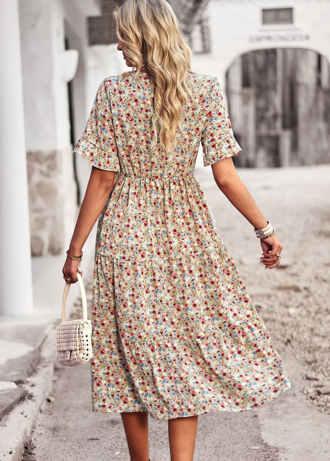 Msfilia Fashion V Neck Elegant Printed Dress Women Summer Short Sleeve High Waist A Line Floral Holiday Dresses