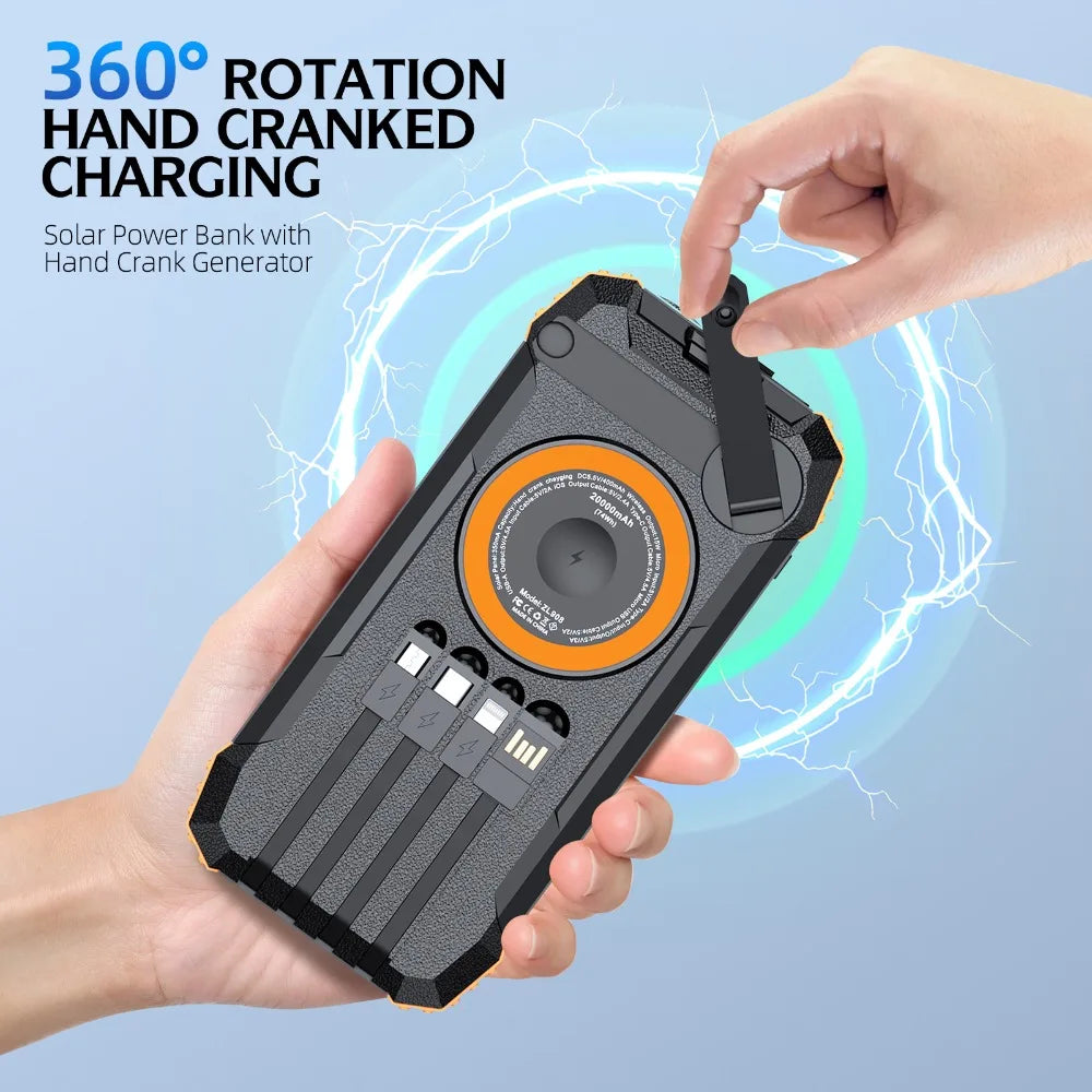 5-in-1 Solar Power Bank Hand Crank Generator 50000mAh,Fast Charge External Battery Pack,4 Built-in Cables,Wireless & Laser Light