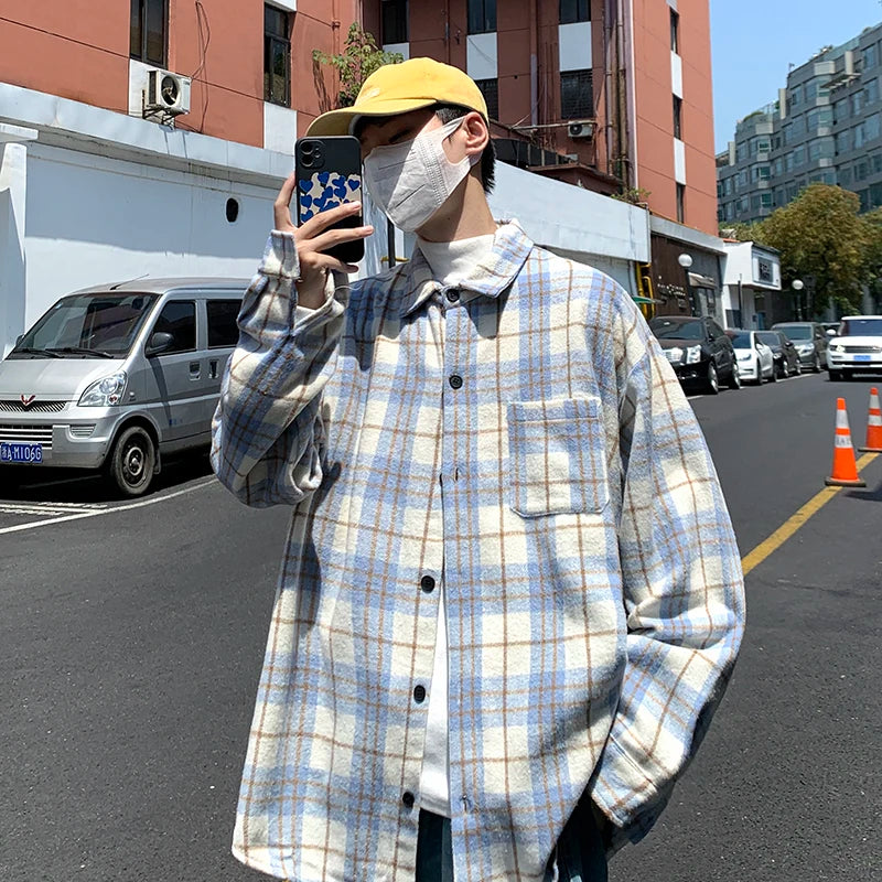 Men's Plaid Long Sleeve Shirt Loose Fit Thin Style Autumn Spring Casual Wear Sun Protection Outerwear Classic Check Pattern