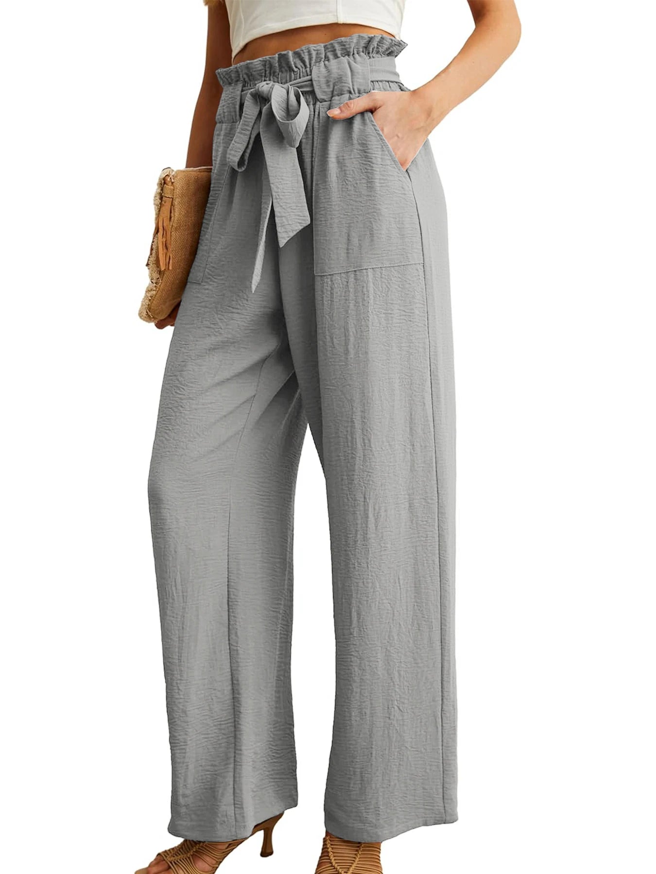Women's High Waist Wide Leg Casual Pants with Pockets Adjustable Drawstring Loose Slimming Comfortable for Vacation
