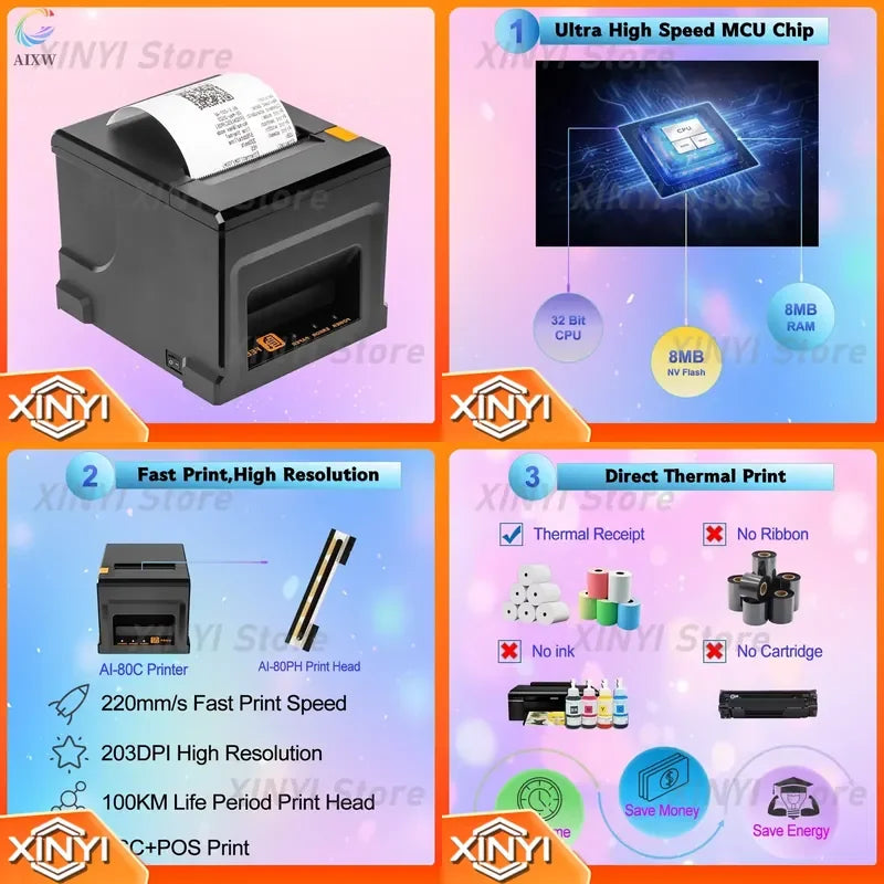 for AIXW 80mm Thermal Receipt Printer 203dpi Direct Thermal POS Printer for Supermarket Retail Shop Cash Register Bill