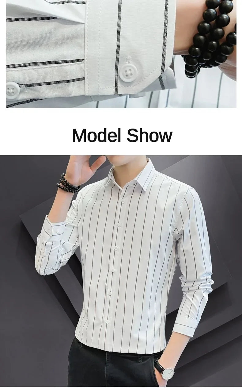 Stylish Men's Striped Shirt Printed Casual Business Dress Shirts Long Sleeve All-Match Slim Fit Fashion Korean Streetwear Shirts