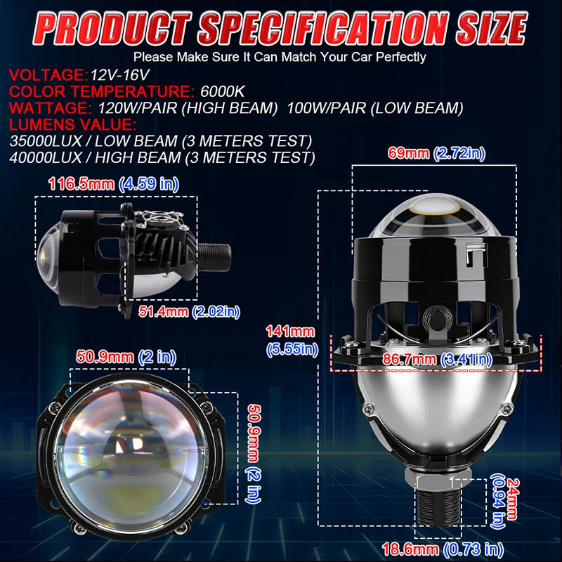 2.5 Inch Bi Led Projector Lens Led Light H4 H7 9005 9006 Car Headlight Bulb High Low Beam 6000K Diode 120W 40000LM Turbo Tuning